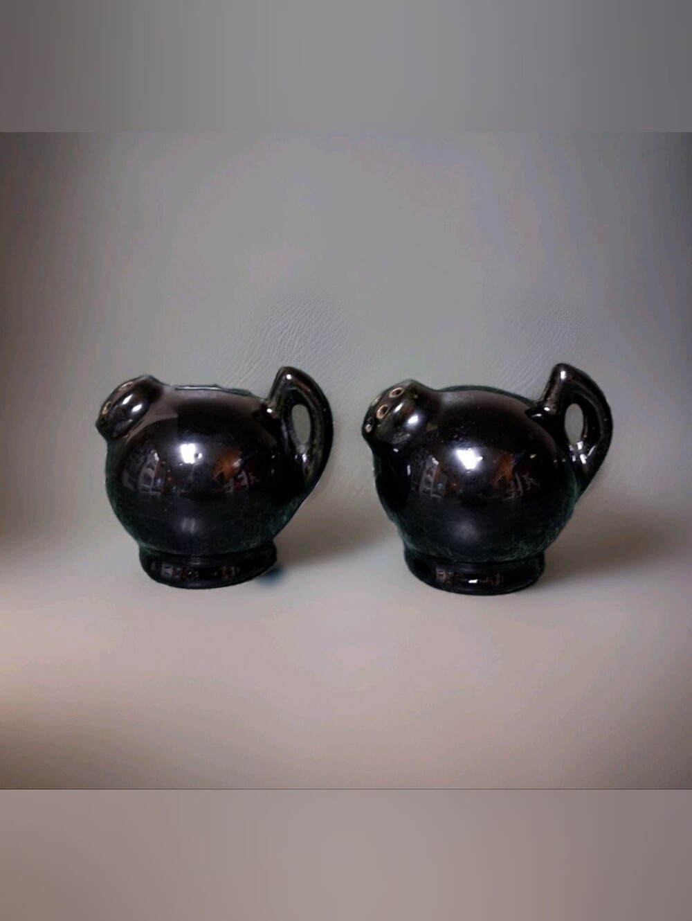 Vintage Pottery Glossy Black Salt & Pepper Shakers Ball Round Shape w/Handle